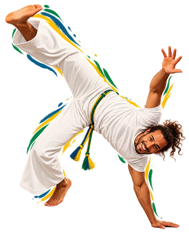 Capoeiriste adulte en appui sur les mains, sourire aux lèvres