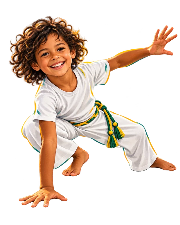 Enfant souriant en tenue blanche de capoeira, en appui au sol