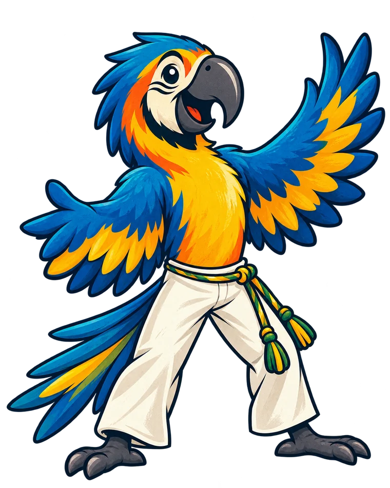 Zé, la mascotte perroquet de Capoeira Roanne, ailes ouvertes en tenue de capoeira