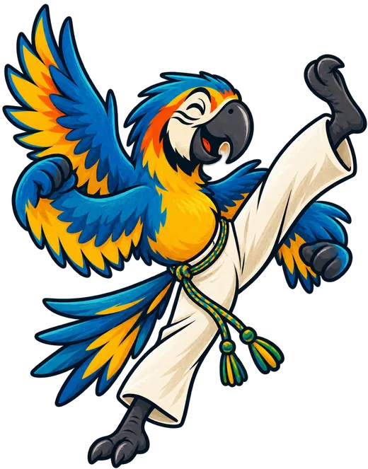 Zé, la mascotte perroquet, en plein coup de pied de capoeira
