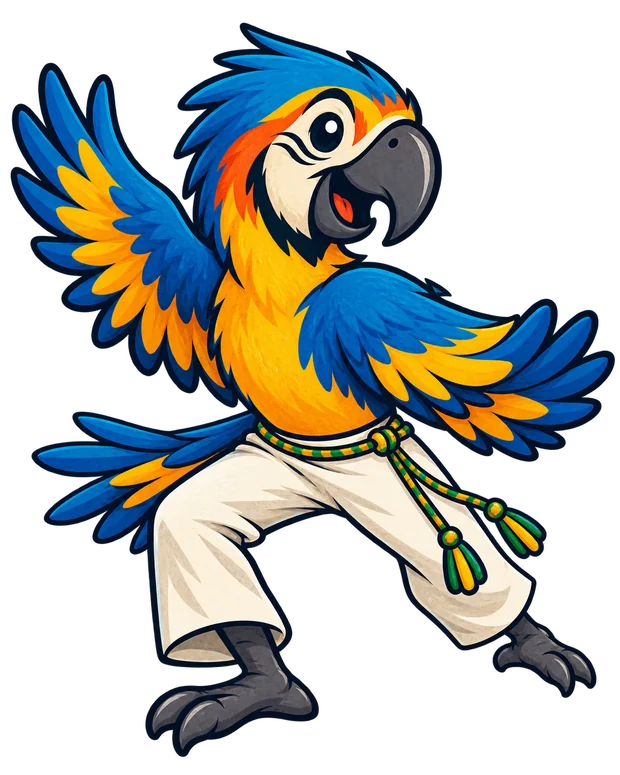 La mascotte perroquet de Capoeira Roanne en position de ginga